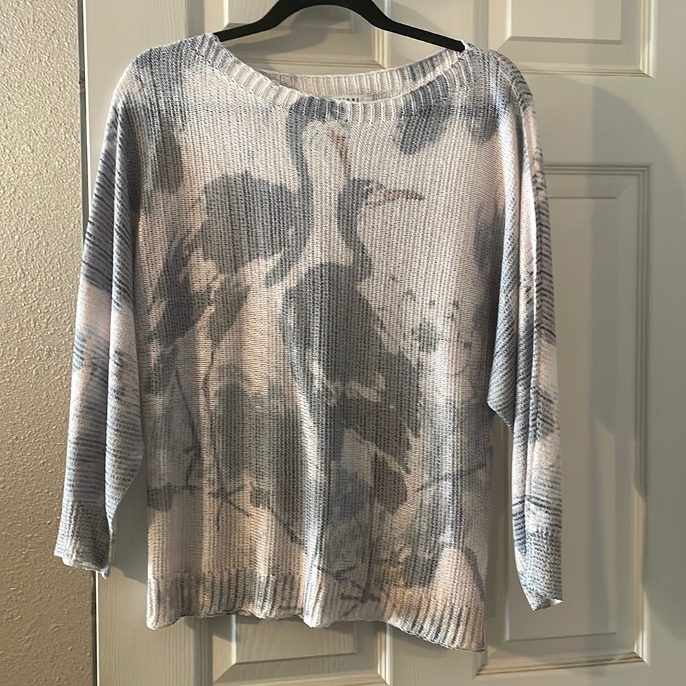 Sioni Women’s Sweater 3/4 Dolman Sleeve Crane Bird Print Medium